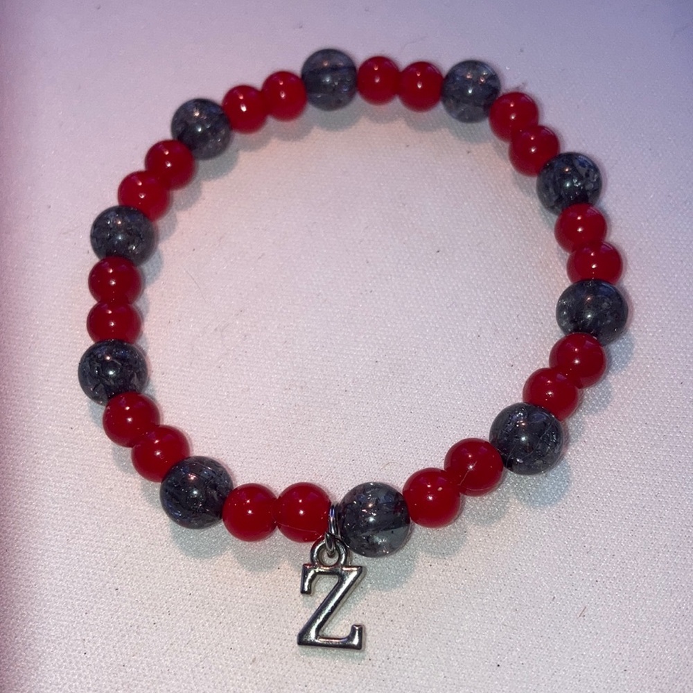Red and Black Glass Beaded Bracelet with Z Charm